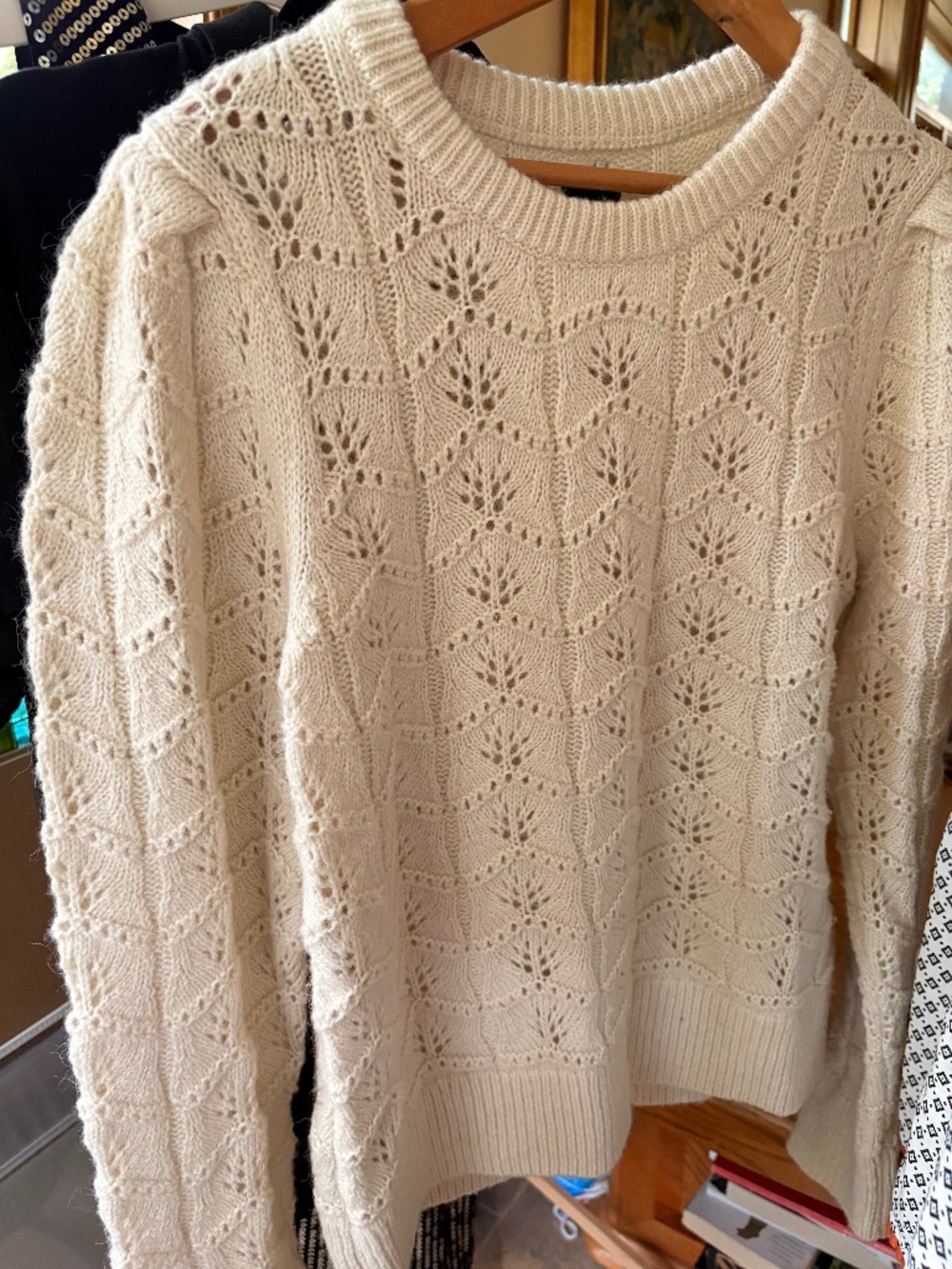 Gap Cream Ivory Pointelle Knit Wool Blend Puff Sleeve Cozy Boho Sweater Sz M